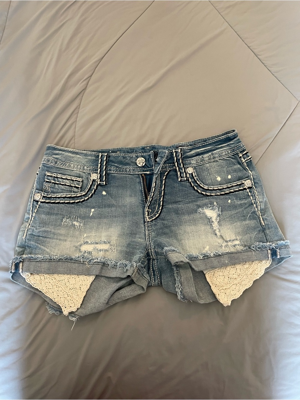 Miss Me Light Blue Distressed Denim Shorts with Crochet Insets